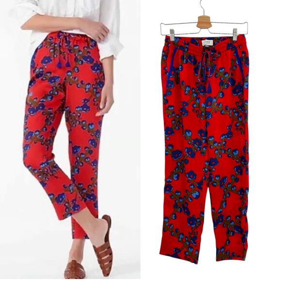 J. Crew Drapey Pull-on Pant Trouser Lattice Floral Print Drawstring Red Size 4 - Picture 1 of 12